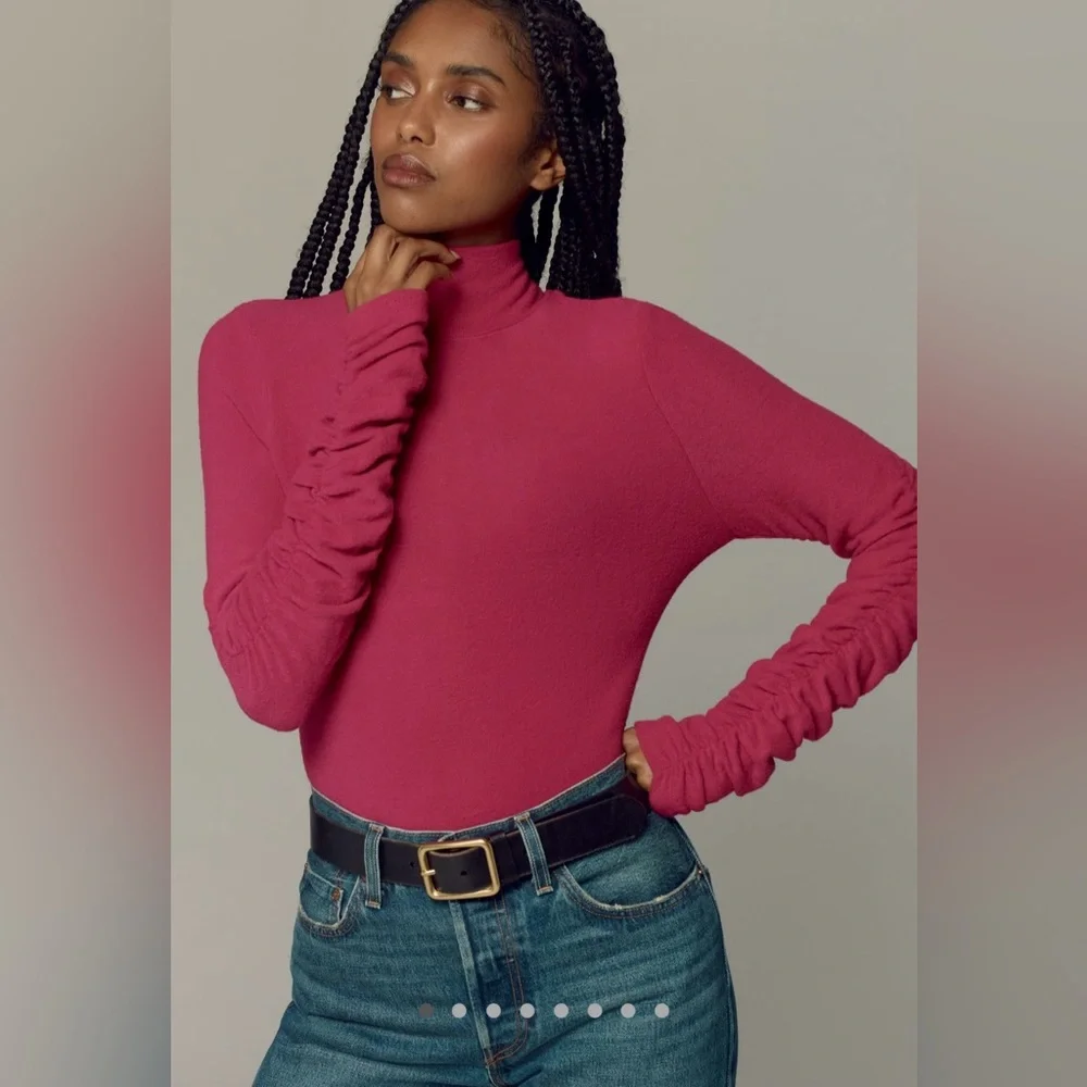 By Anthropologie Ruched-Sleeve Turtleneck Top in Raspberry size Small - Picture 1 of 9